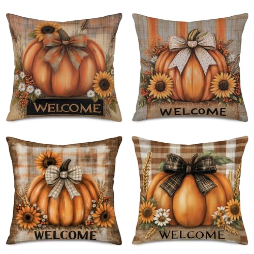 Fall Pumpkin Sunflower Throw Pillow Covers 18x18 Inch - Set of 4 - Orange Autumn Decor Variation M4welcomepumpkin