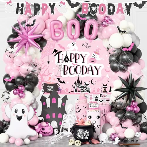 Pink Halloween Birthday Decorations Party Kit with Balloons Banners & Backdrop