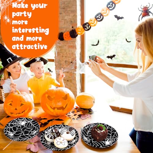 Umigy 100PCS 7-Inch Halloween Spider Web Paper Plates - Black, Disposable Party Tableware