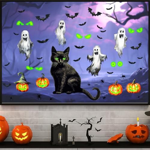 Halloween Ghost Cat Window Clings Pumpkin Bat Eyes Wall Decals - Variation of Cat Ghost