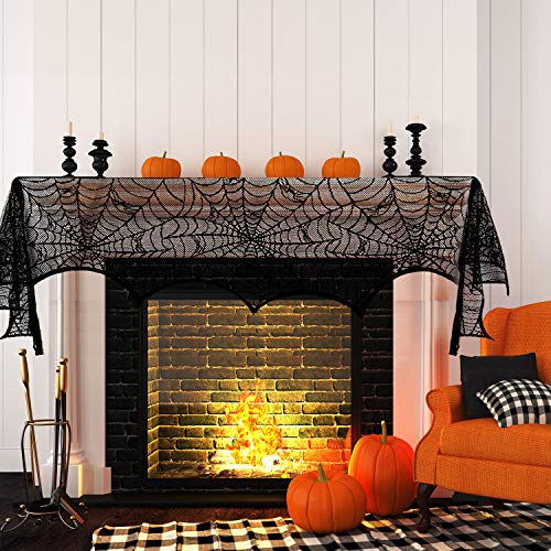 Halloween Spiderweb Lace Tablecloth with Black Spider, 17.7 x 98.4 Inch - Mantle & Window Decor