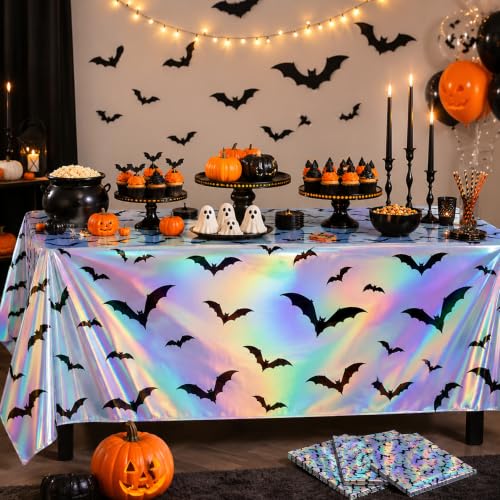 Halloween Iridescent Bat Tablecloth Set - Spooky Foil Decor for Parties