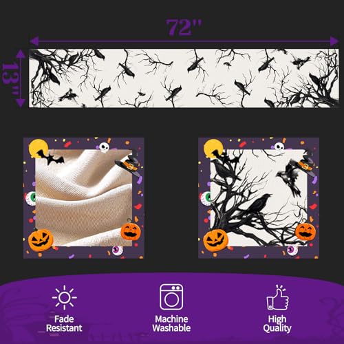 Halloween Black Linen Table Runner 13x72 Inch for Dining & Kitchen Decor - Crow & Branch Pattern