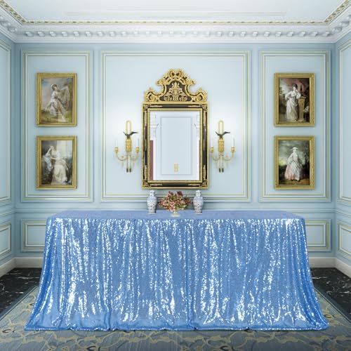 Baby Blue Sequin Tablecloth 90x156 Inch Rectangular Sparkly Fabric for Events - Poise3EHome