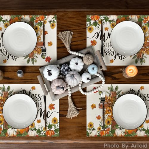Rectangular Fall Floral Placemats Set of 4 - 12 x 18 Inch Beige Table Decor