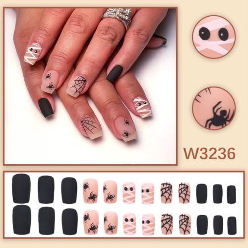 Halloween Press On Nails Short Square Fake Nails with Ghost Design - Purple Pink Black Variation 17