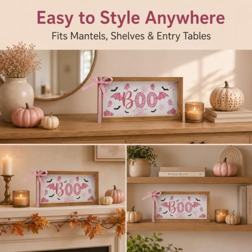 Pink Halloween Wooden Sign - Girly Boo Wall & Table Decor with Pumpkin & Ghost