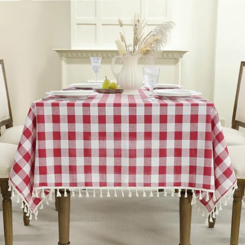Red Gingham Tassel Tablecloth 55x102 Inch Rectangle Rustic Farmhouse Decor