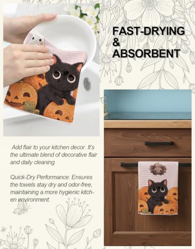 Halloween Waffle Kitchen Towels Set of 2 - Pumpkins & Cat, Orange, 18x26