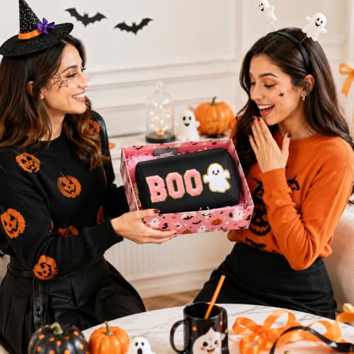 Halloween Makeup Bag Set - Black & Pink Cosmetic Pouches with Chenille BOO & Ghost Patches