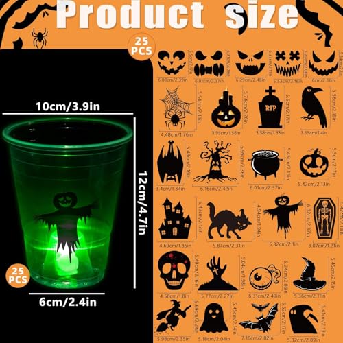 Halloween Glow in The Dark Party Cups - Standard Pack of 2, 25 Count, 16oz, Light Up Cups with Horror Stickers for Kids & Adults