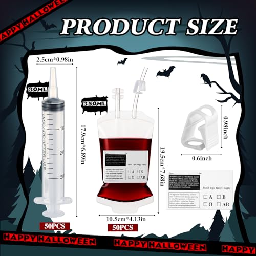 Halloween Blood Bags for Drinks 50 Sets Fake IV Bags with Syringes & Stickers - Variation of 100