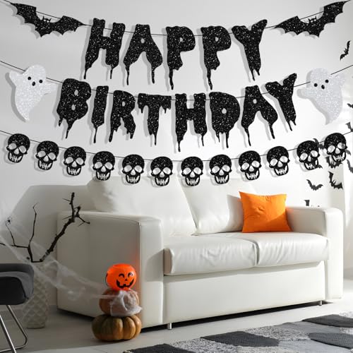 Halloween Birthday Banner Set - Glitter Paper Garland with Bats Skulls Ghosts