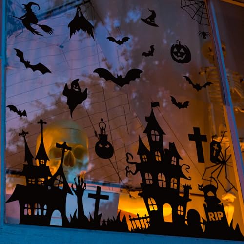 Halloween Silhouette Window Clings - Black Castle, Bat & Graveyard Design - Reusable Spooky Decor - 6 Sheets