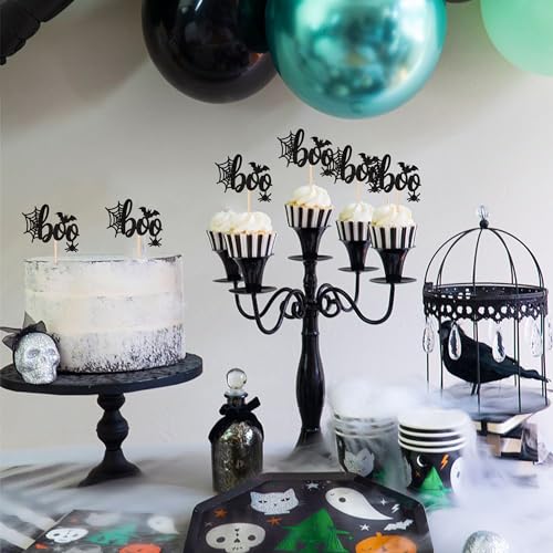 Halloween Boo Cupcake Toppers Glitter Spider Web Bat Set - Pattern A4, 24 pcs