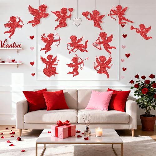 Red Valentine Cupid Paper Cutouts - Glitter Giant Bulletin Board Decorations, 12 Pcs