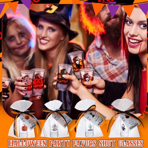 Halloween Shot Glasses Set - 24 Mini 1.5oz Glasses with Holiday Accessories