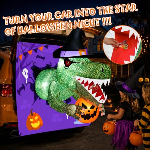 Inflatable Dinosaur Car Decoration Kit - 4 Ft Motion Dinosaur with LEDs for Halloween Trunk or Treat - Variation of Dinosaur