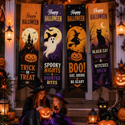 Halloween Decorations - 4 Pack Vertical Hanging Banners in Orange, Black & Purple - Spooky Party Decor