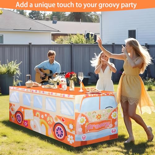 Orange Groovy Bus Tablecloth - 72x30 Inches for 60s & 70s Boho Party Decorations