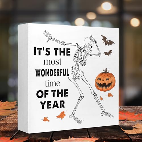 Autumn Wooden Block Sign - Skeleton Pumpkins Fall Halloween Decor - Most