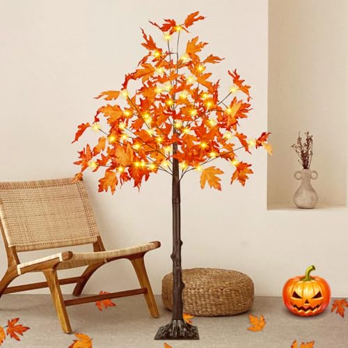 1 Pack 4FT Lighted Maple Tree with 50 LEDs - Fall Artificial Tree for Indoor Outdoor Decor