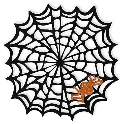 Halloween Spider Web Placemats Set of 4 - Black & Orange Glitter Felt Spiders