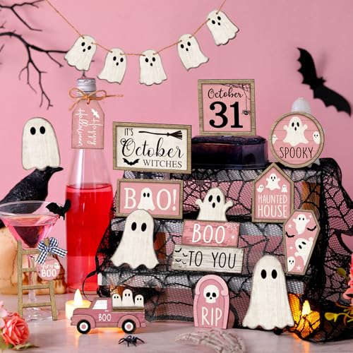 Halloween Wooden Tiered Tray Decorations Set Ghost Pink White - MiniInflat