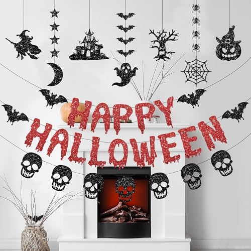 Pre-Strung Halloween Decorations Banner Set with Glitter - Black & Red, B Variation