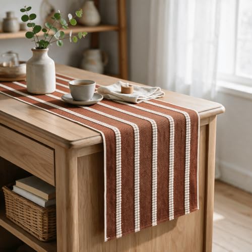 Caramel Farmhouse Dashed Stripe Table Runner - 12x72 Inch Seasonal Holiday Decor - Boho Rustic Kitchen Dining