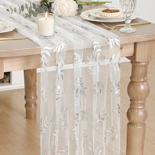 Silver Leaves White Gauze Table Runner 28x120 Inch Holiday Wedding Decor - Variation of 28" x 120" / White Silver