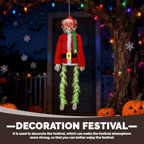 Light-Up Hanging Skeleton Santa Decoration for Halloween and Christmas Outdoor Garden Decor