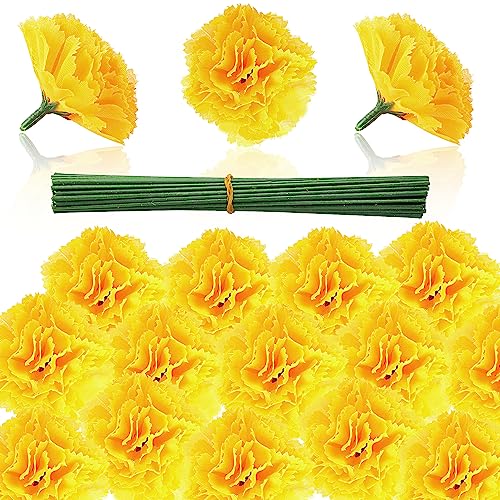 Yellow Artificial Marigold Flowers Bulk 50 Pcs for Day of the Dead Decorations - Faux Silk Floral Stems