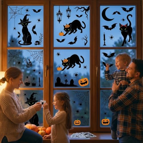 Halloween Window Clings Black Cat Decals Set - 6 Sheets, 50 Pcs Spooky Decor