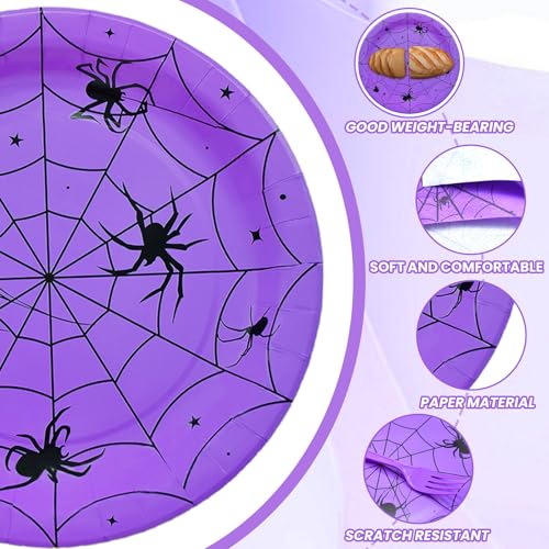 Purple Halloween Spider Web Disposable Dinnerware Set for 24 Guests