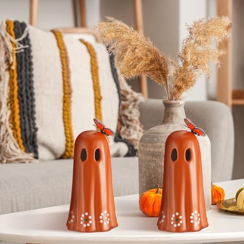 Mexican Ceramic Ghost Figurines Set - Day of the Dead Halloween Decor - 7 Inches