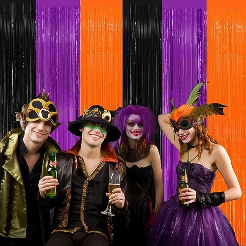 Halloween Foil Fringe Curtain Set - Black, Orange & Purple Metallic Tinsel Streamers for Party Decor