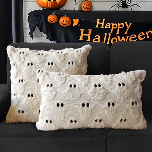 Halloween Pillow Covers 16x16 Set of 2 Beige Ghost Farmhouse Decor