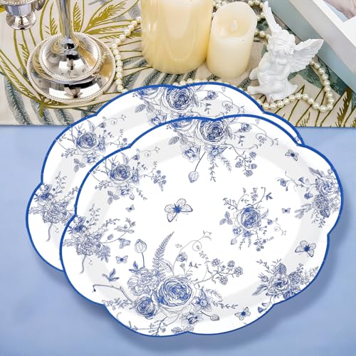 Blue White Floral Oval Plates - 50Pcs 10x12 Inch Chinoiserie Scalloped Dinnerware - Variation: Blue White Floral