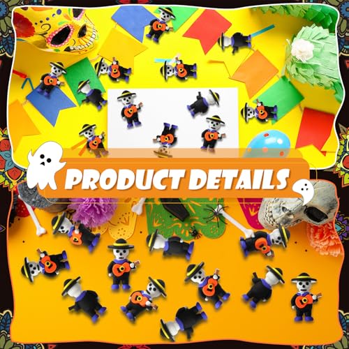 Day of the Dead Skeleton Figurines Set - 50 Mini Mariachi Skeleton Statues with Guitars - Halloween Decor