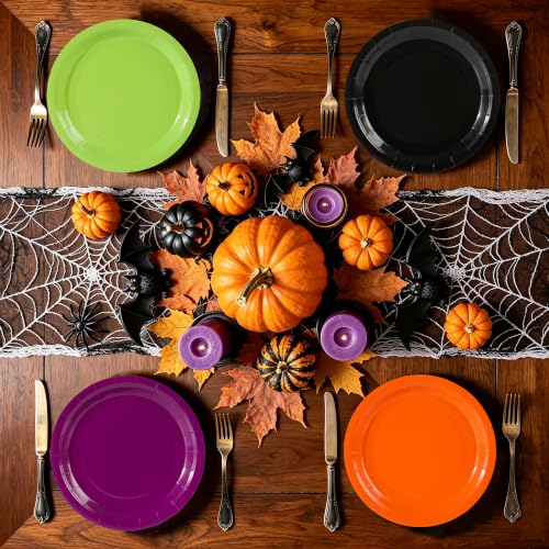 Halloween Paper Plates 7 Inch Set - Orange Green Purple Black 48 Pack - Festive Disposable Dinnerware