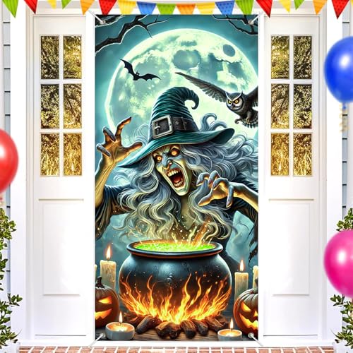 Halloween Door Cover Jack Lantern Witch 35x71 Inch Polyester - Seasonal Front Door Decor