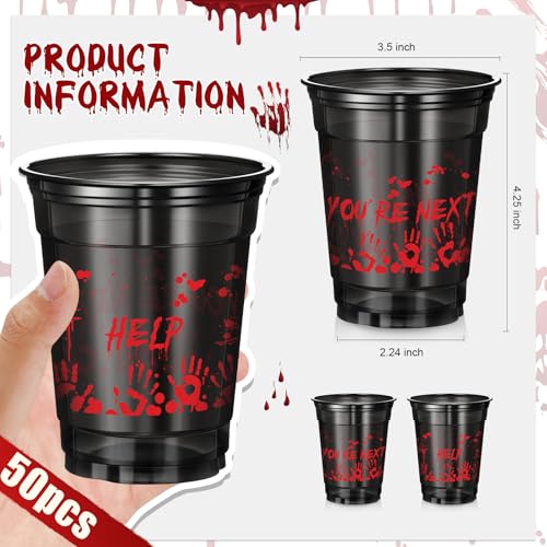 50 Pcs Halloween Bloody Plastic Cups with Hand Print Design - Spooky Party Drinkware