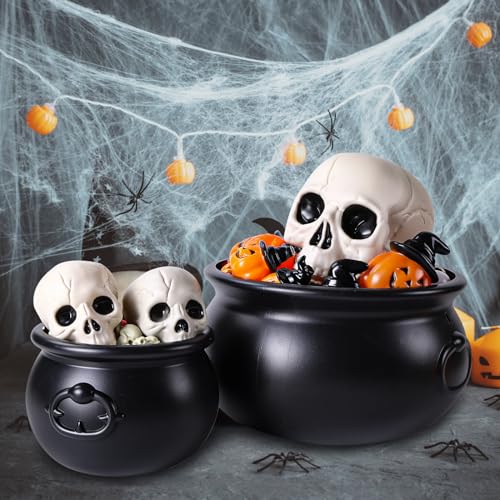 Large Size Halloween Cauldron Set - 12.6 & 7.4 Inch Black Plastic Witch Cauldrons with Handles