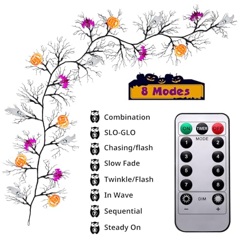 Halloween Garland with Lights Pumpkin Bat Ghost Indoor Decor - 8 Modes, Timer, 6.3FT
