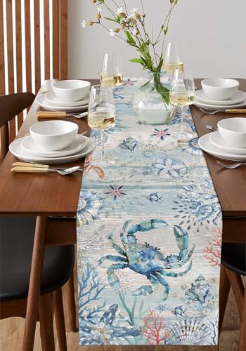 Nautical Crab Table Runner 13 x 60 Inches Coastal Farmhouse Decor