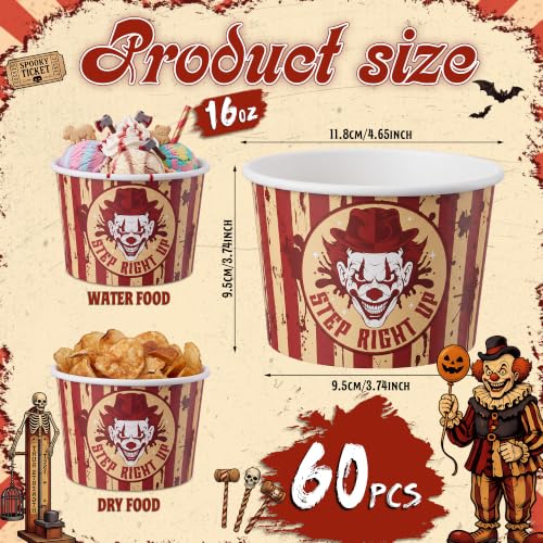 Halloween Circus Paper Snack Bowls - Creepy Carnival 16oz Disposable Cups (60 Pack)