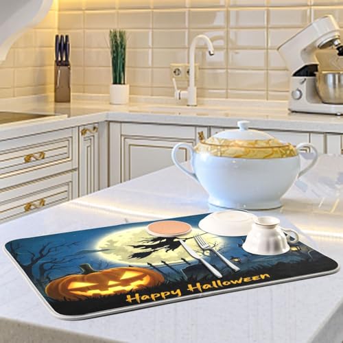 Halloween Witch Bat Dish Drying Mat - Extra Large 16 x 18 inches - Absorbent Kitchen Mat - Fall Decor
