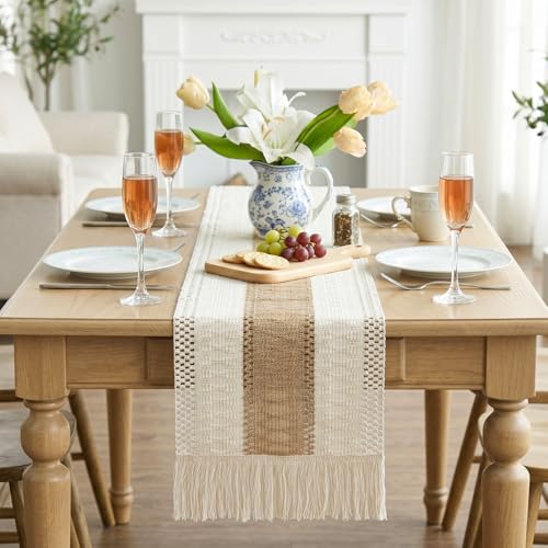 Boho Table Runner 72 Inches with Tassels - Creamy White Farmhouse Decor