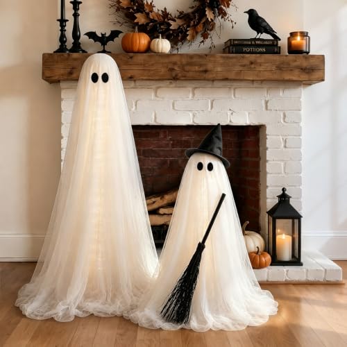 Large Ghost Halloween Outdoor Decoration with Light-Up Spooky Broom - 2 Pack